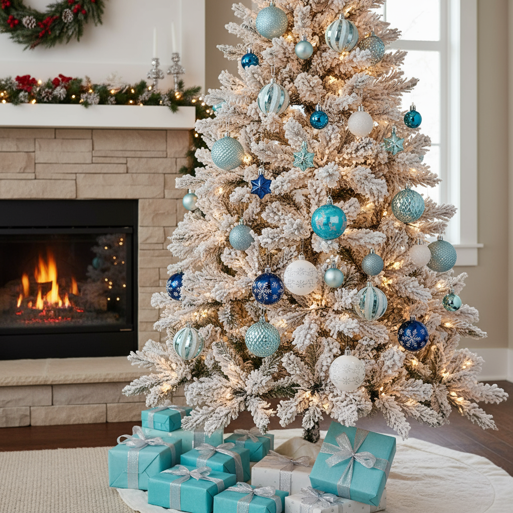 Set of 27-Piece Frosted Christmas Baubles in Blue and Silver