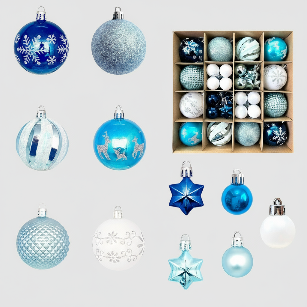 Set of 27-Piece Frosted Christmas Baubles in Blue and Silver
