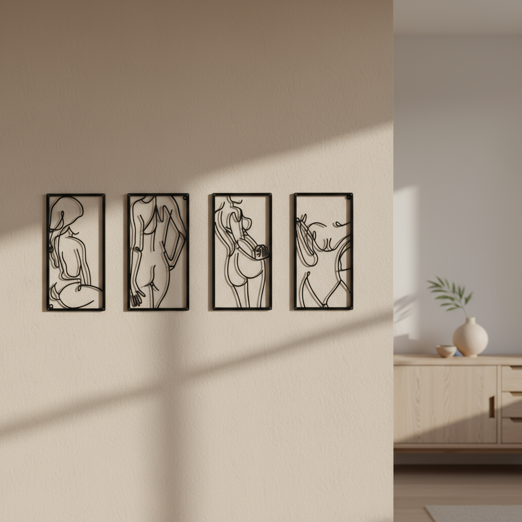 Decorative Quadriptych Silhouettes and Curves Feminine Line Art Metal