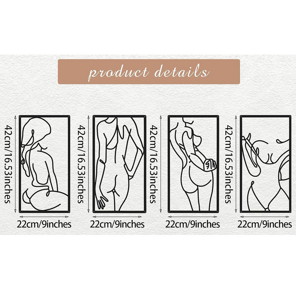 Decorative Quadriptych Silhouettes and Curves Feminine Line Art Metal