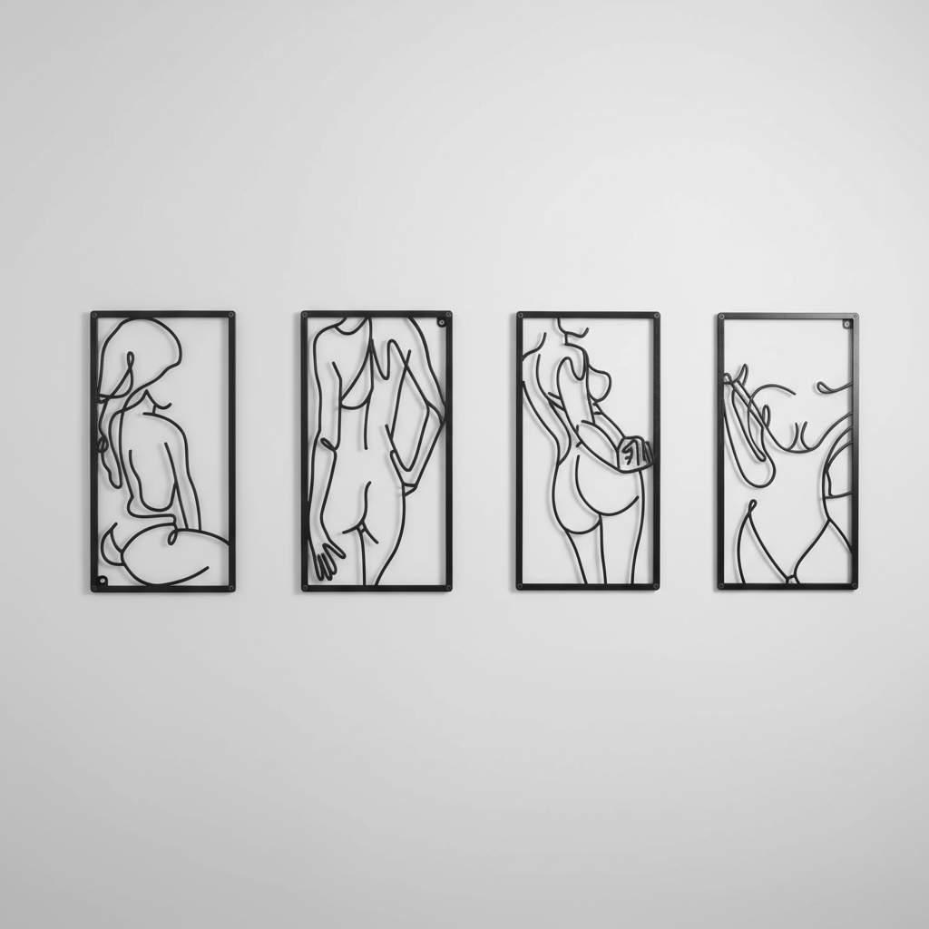 Decorative Quadriptych Silhouettes and Curves Feminine Line Art Metal