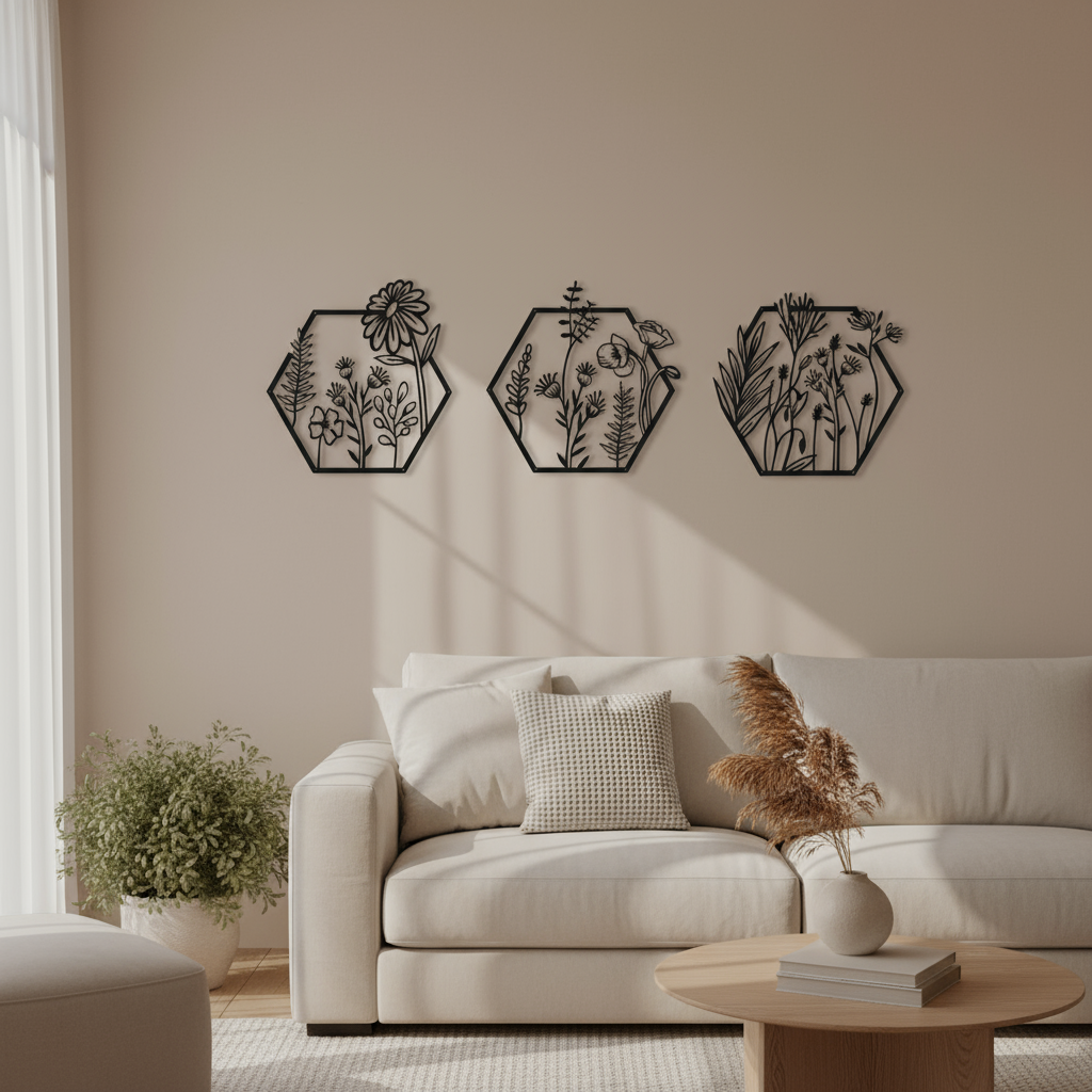 Floral Hexagon Triptych Wall Decoration