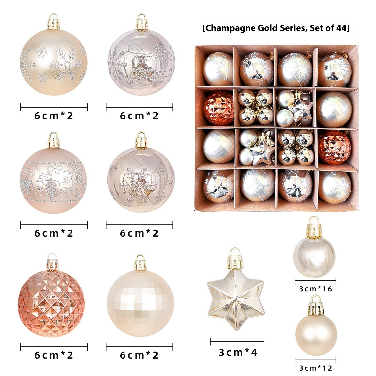 Luxury Glamorous Christmas Bauble Set, 27 Pieces, Champagne, Silver and Copper