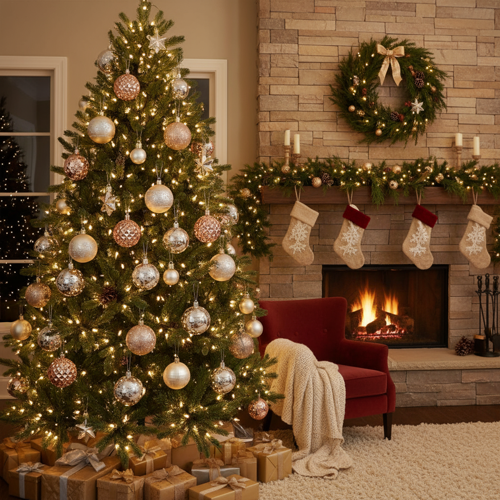 Luxury Glamorous Christmas Bauble Set, 27 Pieces, Champagne, Silver and Copper