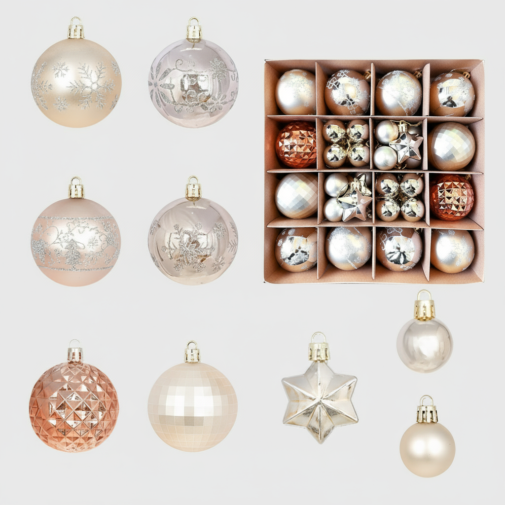 Luxury Glamorous Christmas Bauble Set, 27 Pieces, Champagne, Silver and Copper
