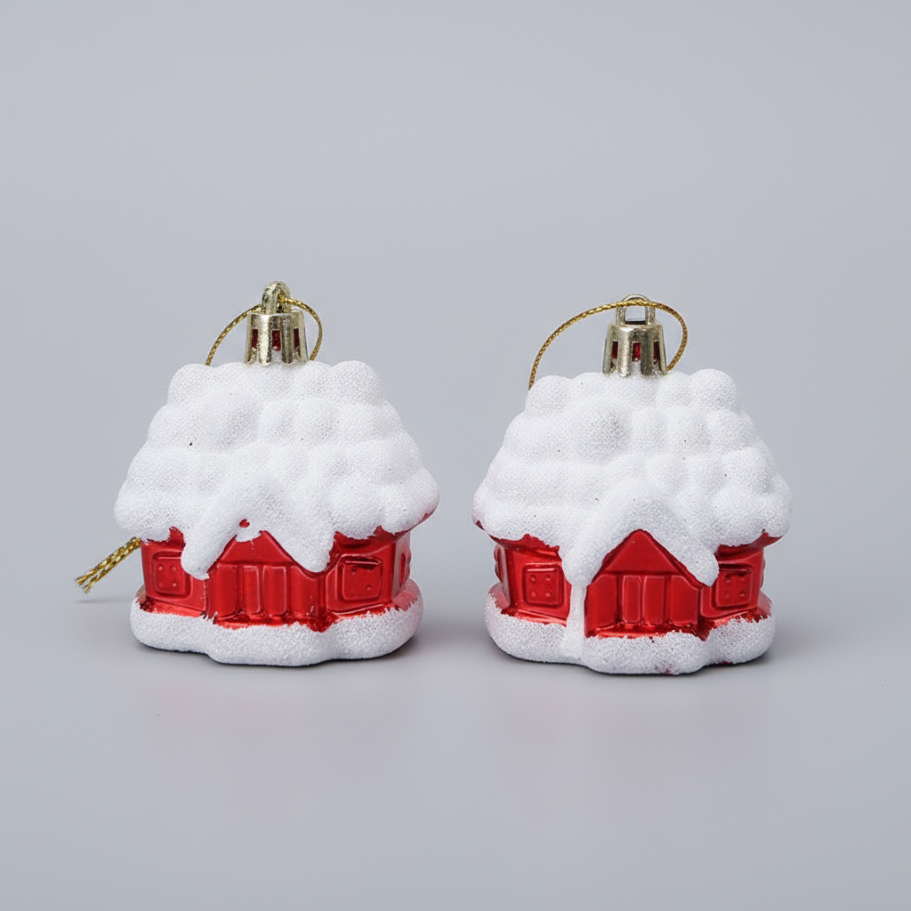Traditional Christmas Decoration Little House Under the Snow Set of 2 Hanging Ornaments