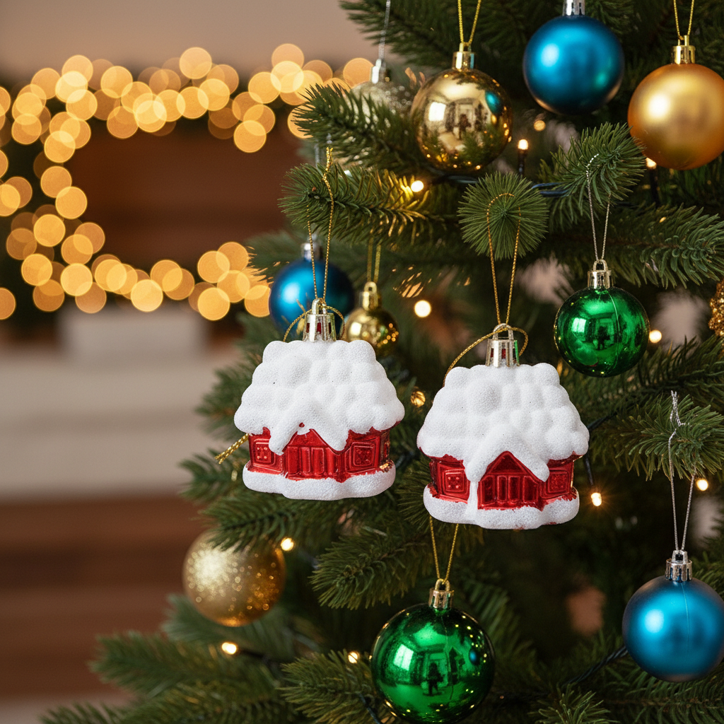 Traditional Christmas Decoration Little House Under the Snow Set of 2 Hanging Ornaments