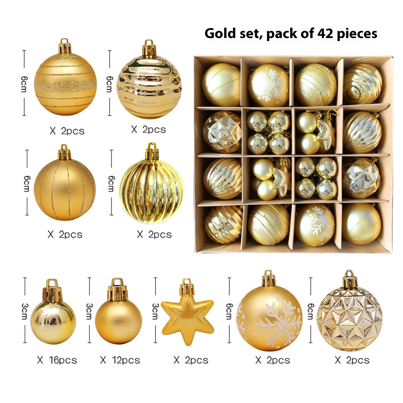 16-Piece Classic Christmas Decoration Set, Glittering Gold