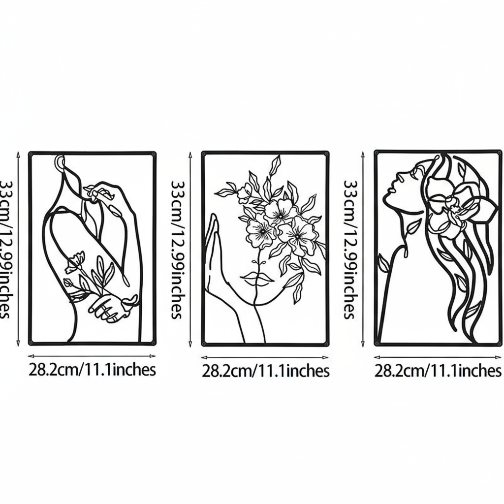 Decorative Triptych, Feminine and Floral Essence, Minimalist Line Art, Metal