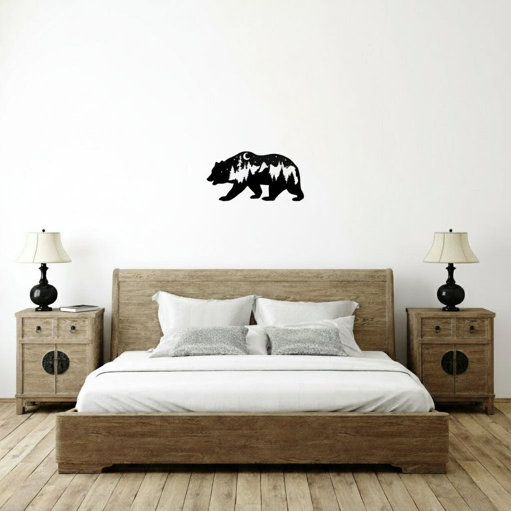 Nighttime Forest Bear Wall Art, Metal Silhouette, Nature Landscape