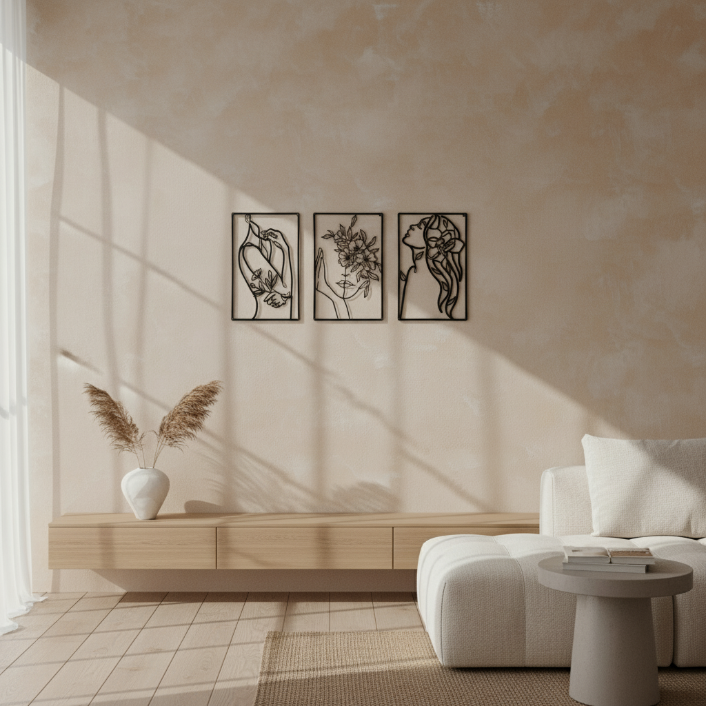 Decorative Triptych, Feminine and Floral Essence, Minimalist Line Art, Metal