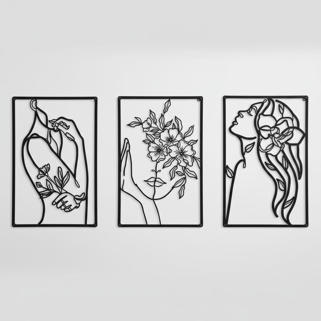Decorative Triptych, Feminine and Floral Essence, Minimalist Line Art, Metal