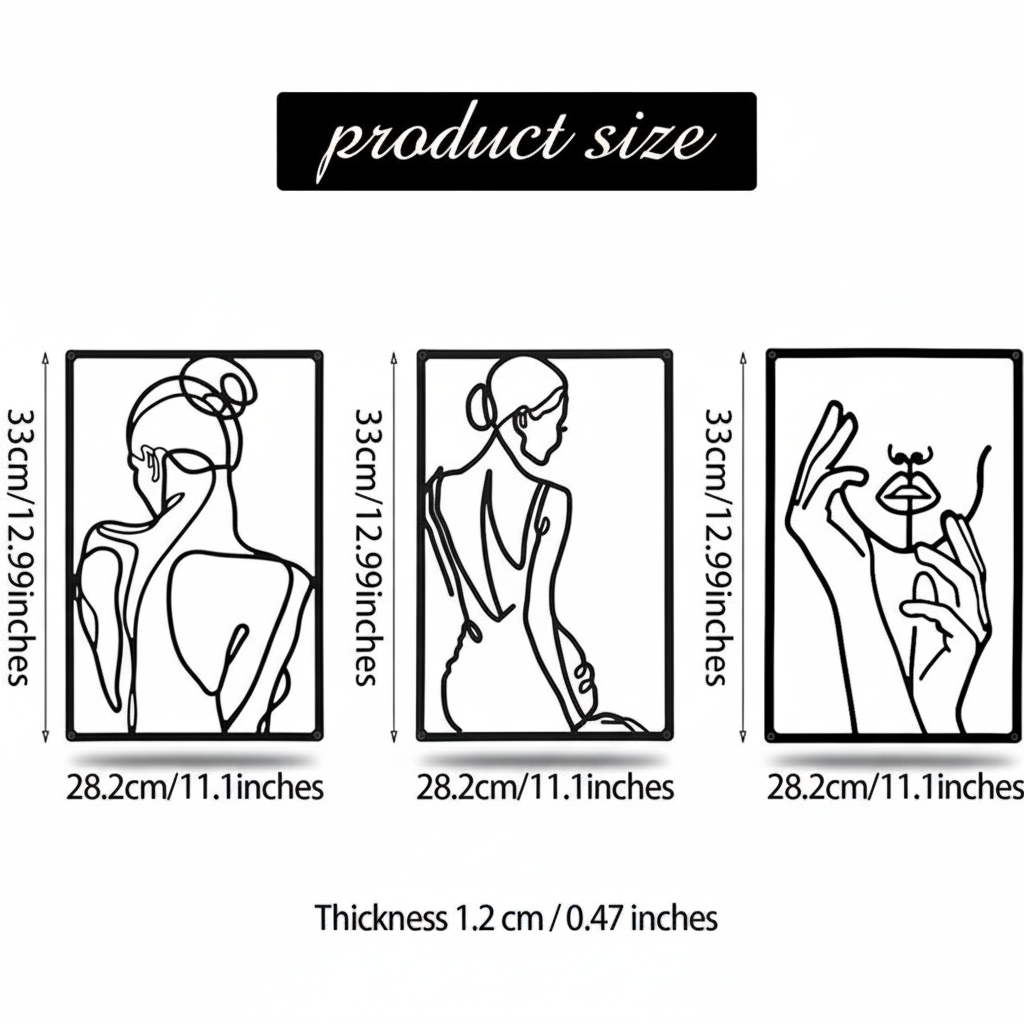 Decorative Triptych: Grace and Feminine Mystery, Minimalist Line Art, Metal