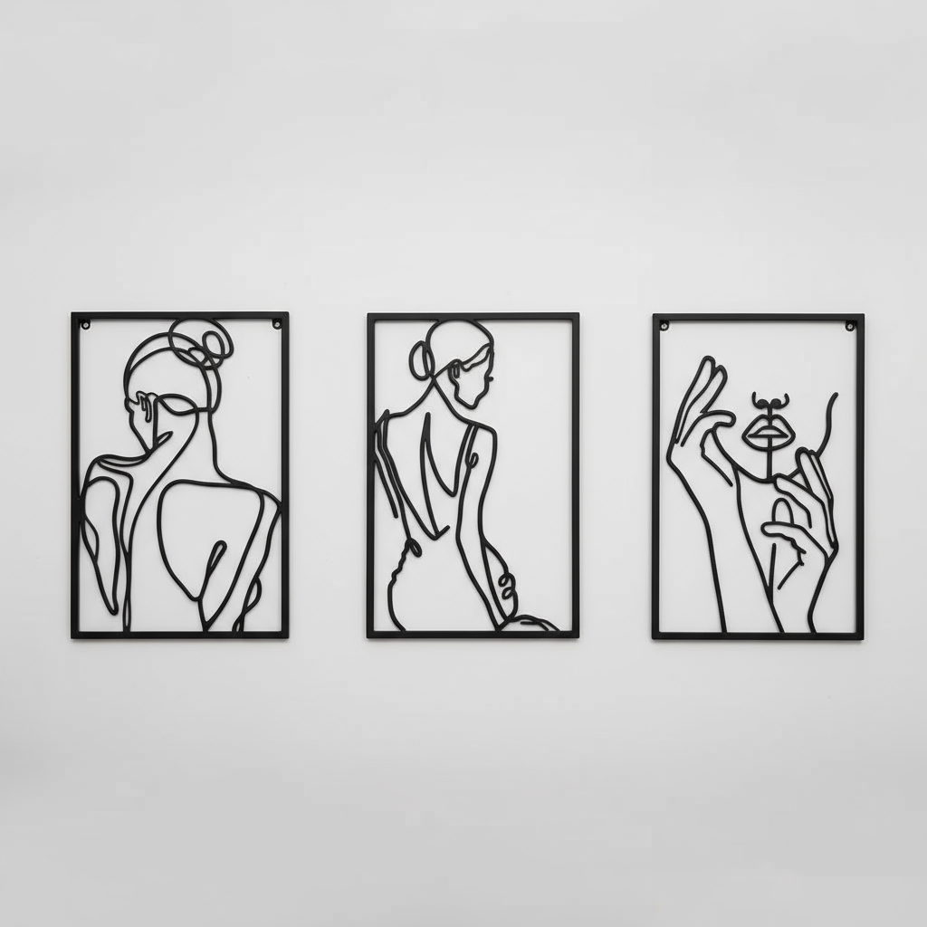 Decorative Triptych: Grace and Feminine Mystery, Minimalist Line Art, Metal