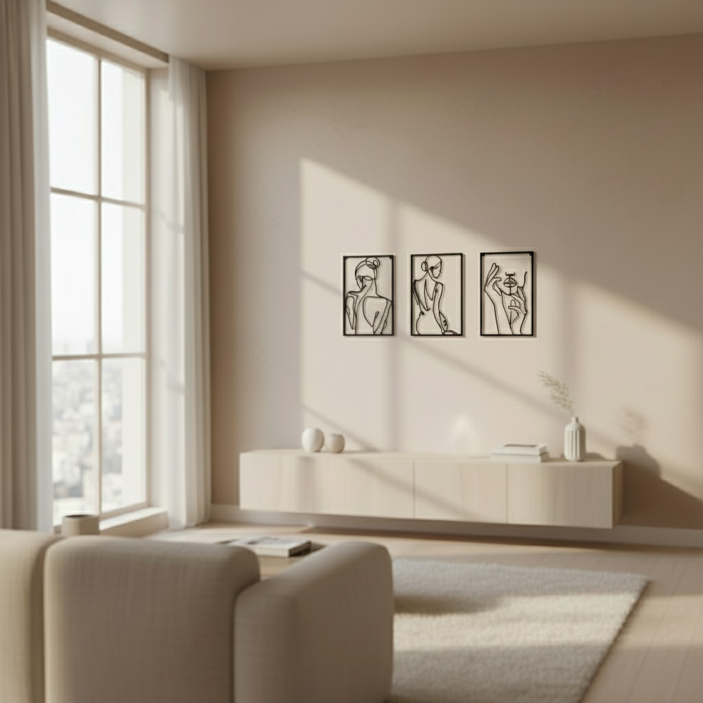 Decorative Triptych: Grace and Feminine Mystery, Minimalist Line Art, Metal