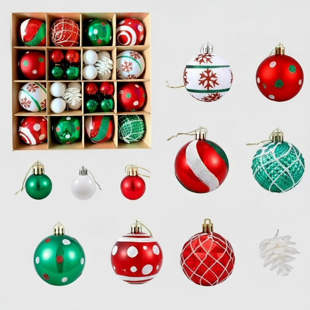 Set of 24 Bright Traditional Christmas Baubles in Red, Green and White