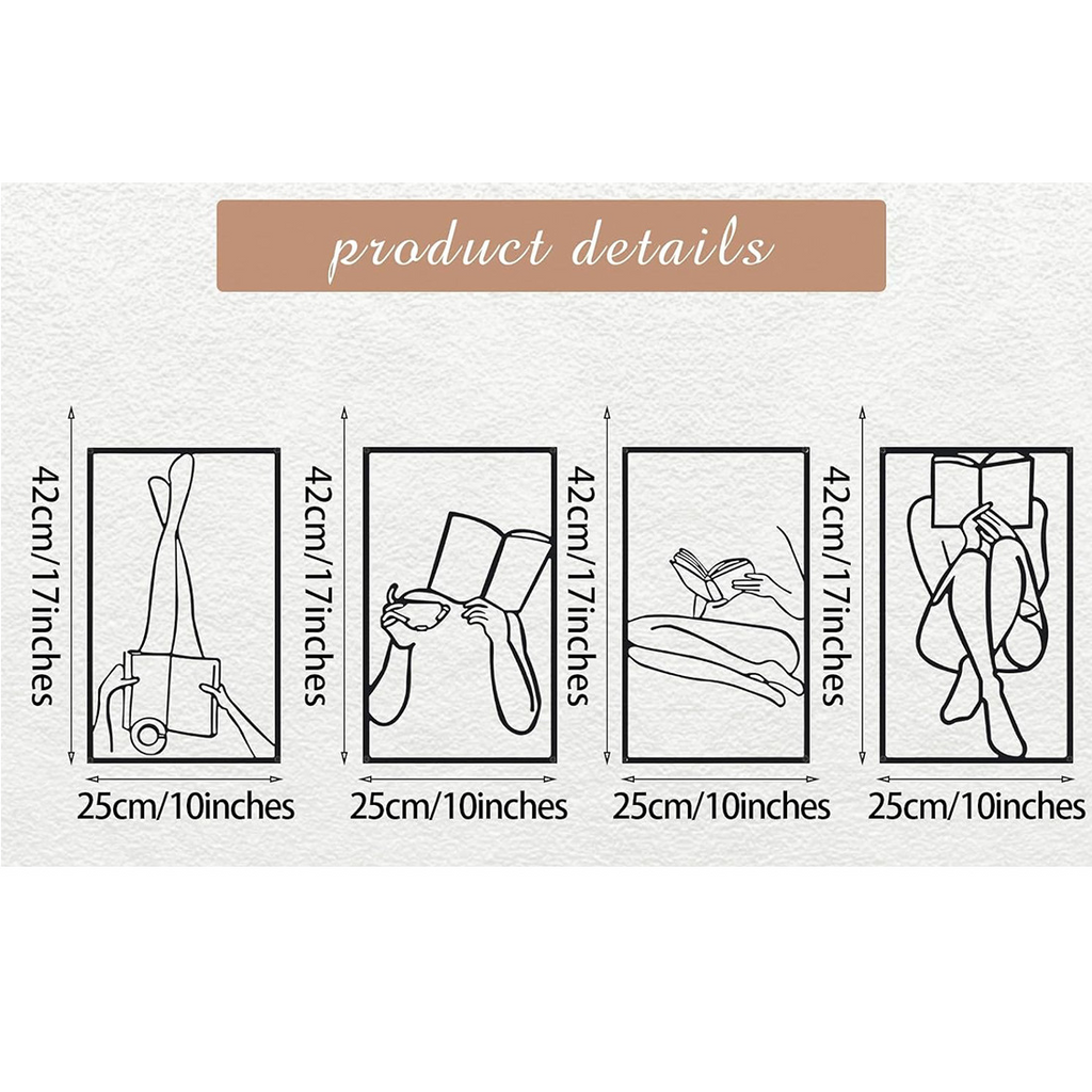 Decorative Quadriptych The Reading Ritual Minimalist Line Art Metal