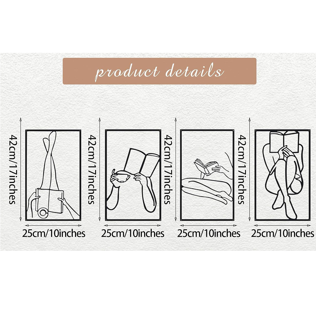 Decorative Quadriptych The Reading Ritual Minimalist Line Art Metal