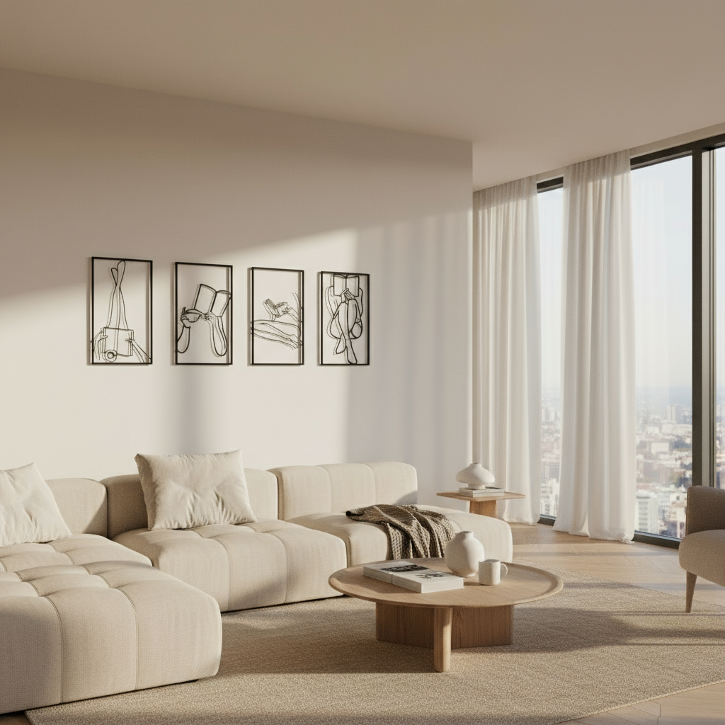 Decorative Quadriptych The Reading Ritual Minimalist Line Art Metal