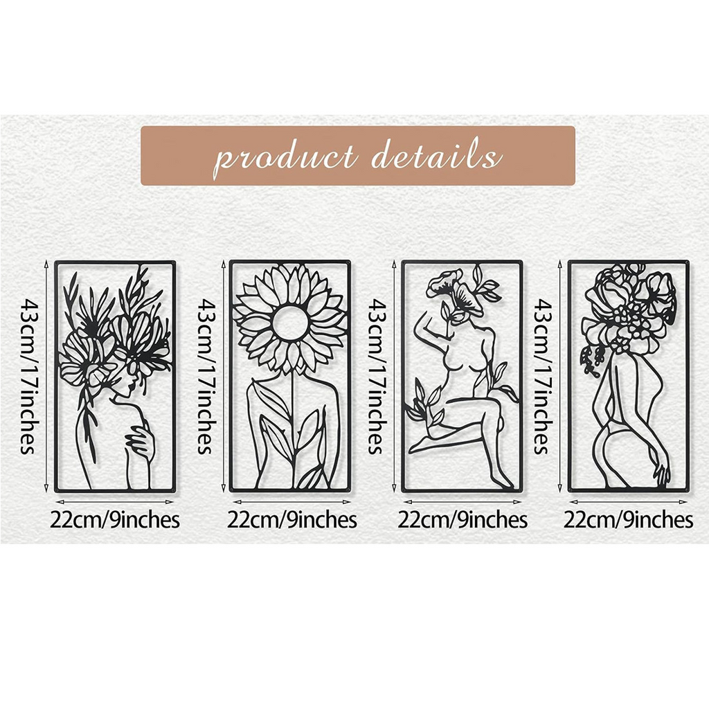 Decorative Quadriptych Woman Floral Line Art Botanical Metal