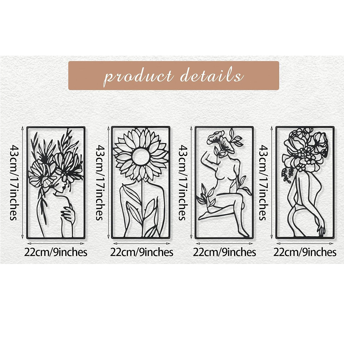 Decorative Quadriptych Woman Floral Line Art Botanical Metal