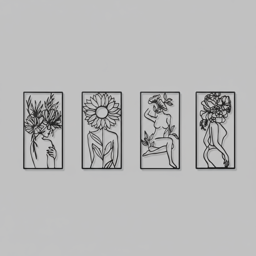Decorative Quadriptych Woman Floral Line Art Botanical Metal