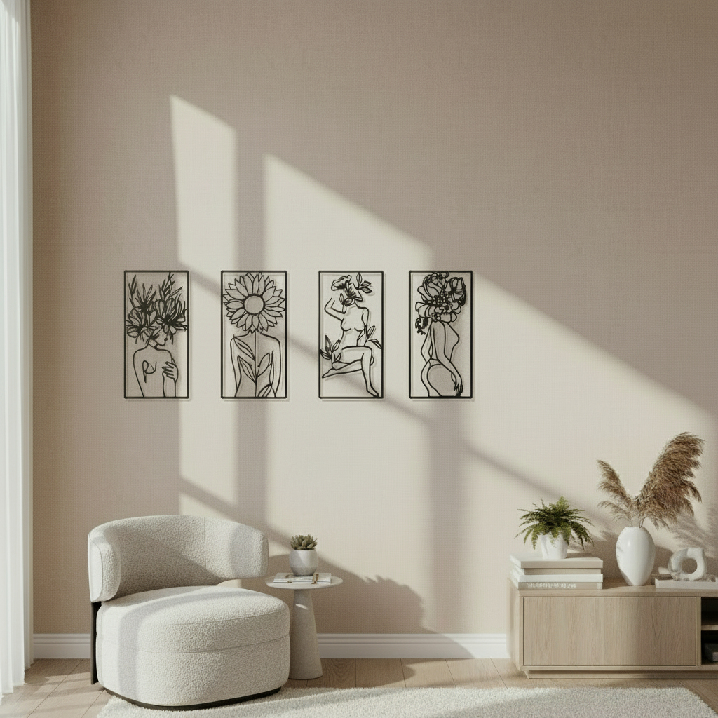 Decorative Quadriptych Woman Floral Line Art Botanical Metal
