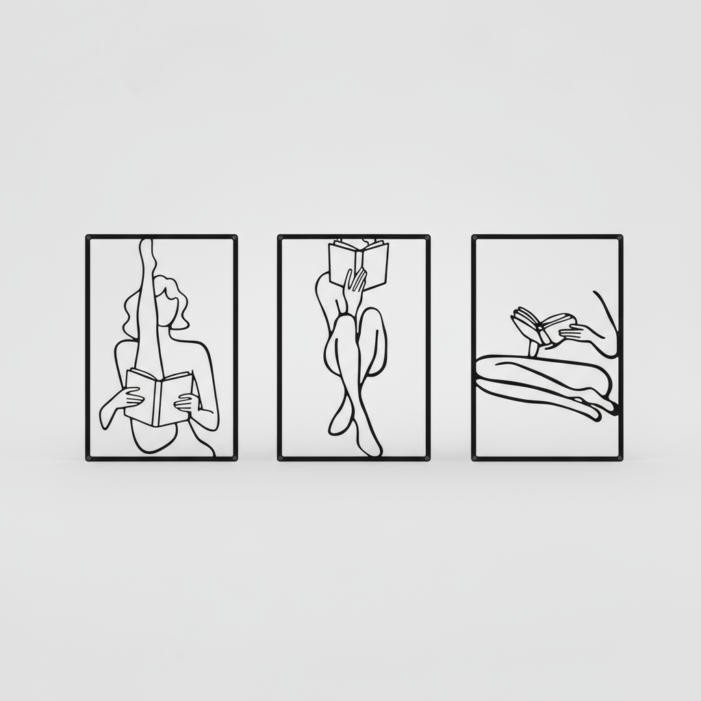 Decorative Triptych The Art of Reading Minimalist Line Art Metal