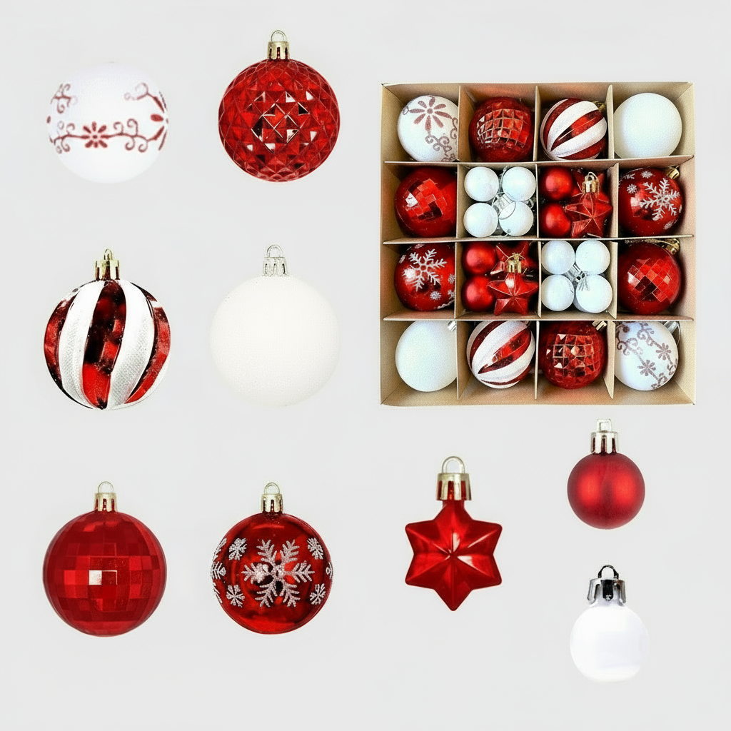 27-Piece Classic Pop Christmas Bauble Set, Red and White