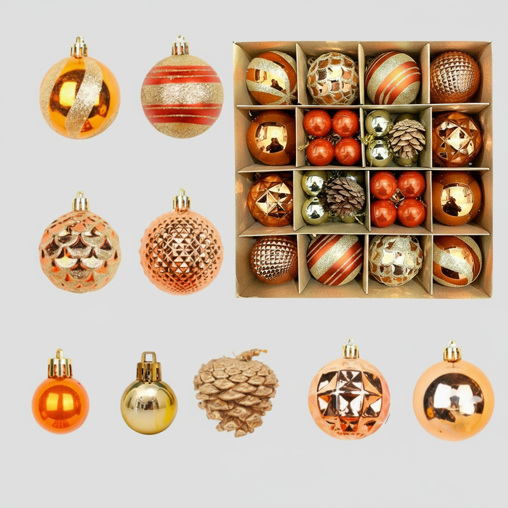 Warm &amp; Festive 16-Piece Christmas Bauble Set in Bright Orange, Copper and Gold