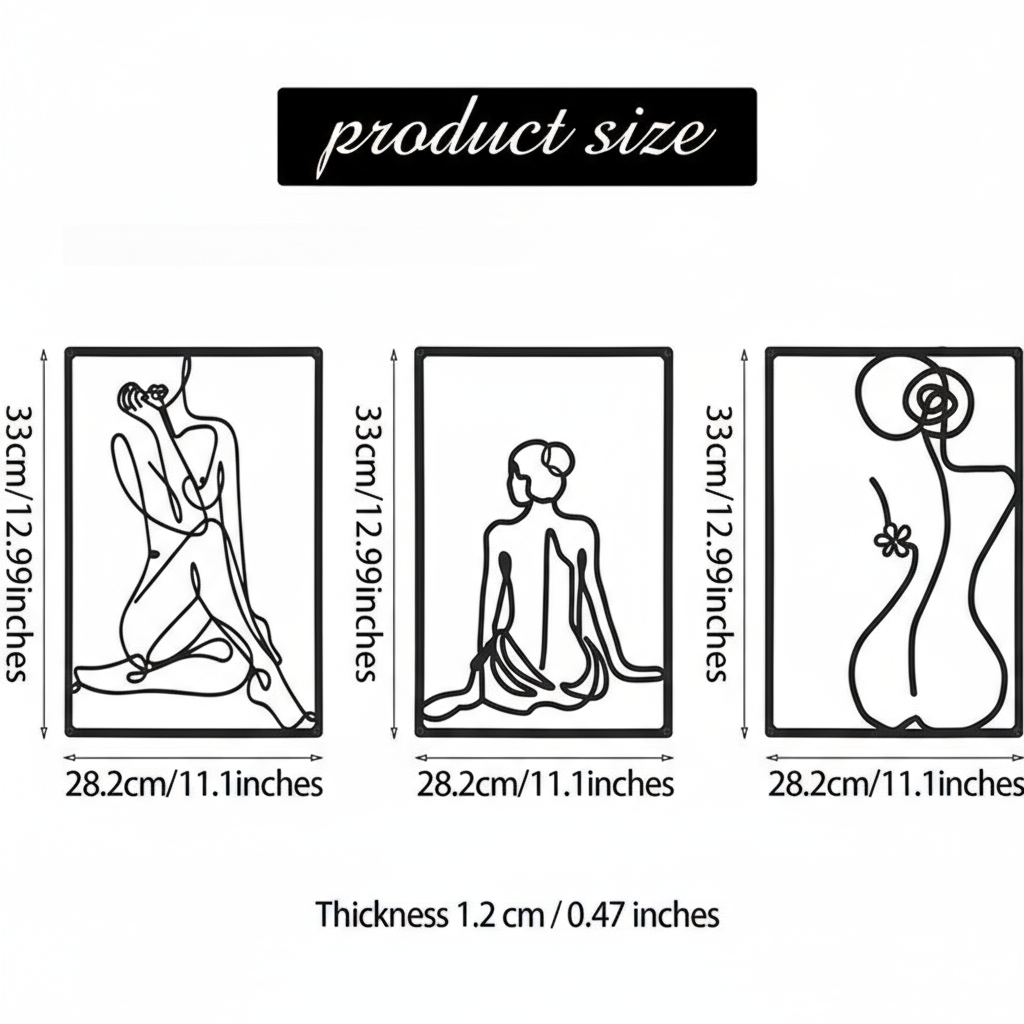 Decorative Triptych Serenity and Minimalist Silhouette Line Art Metal