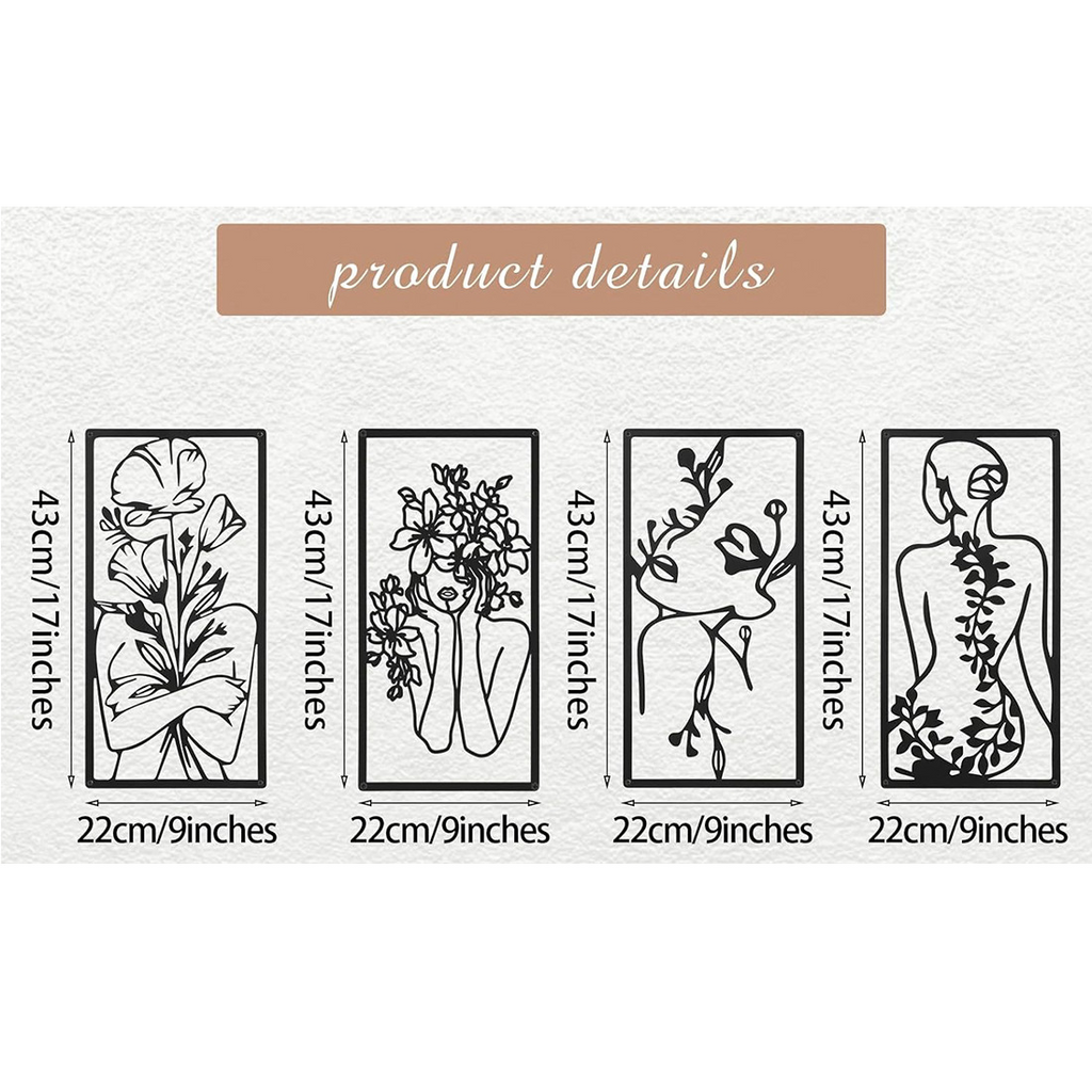 Decorative Quadriptych, Floral Essence, Feminine Line Art, Botanical, Metal