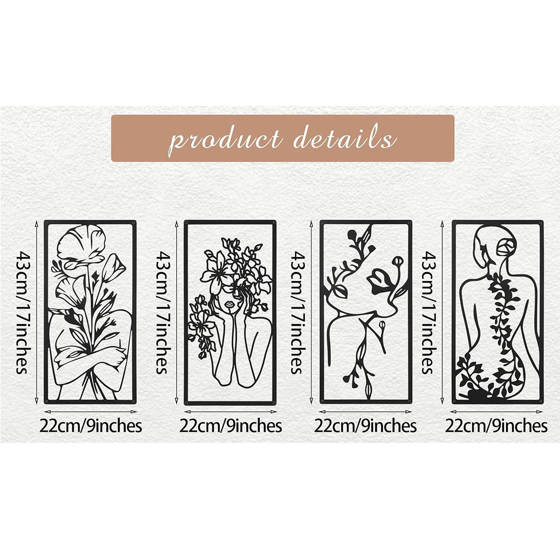 Decorative Quadriptych, Floral Essence, Feminine Line Art, Botanical, Metal