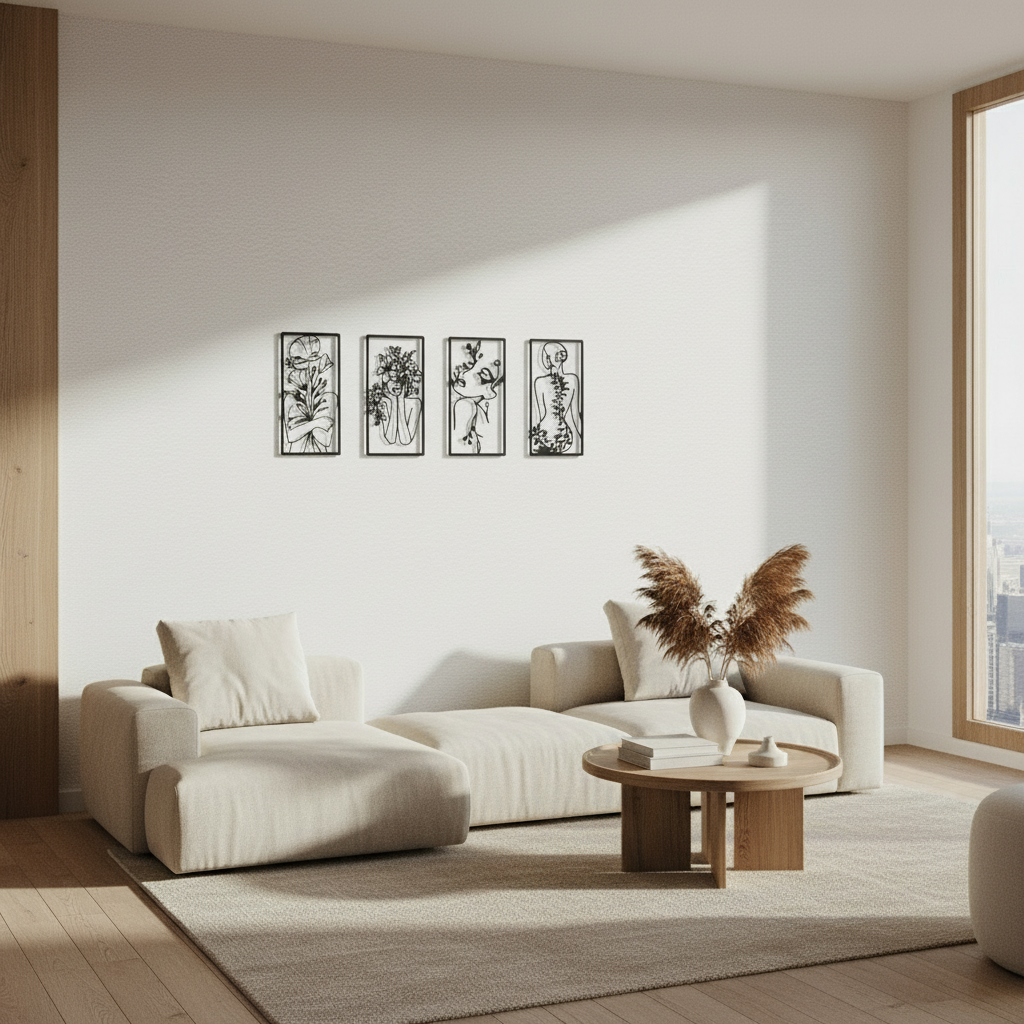 Decorative Quadriptych, Floral Essence, Feminine Line Art, Botanical, Metal