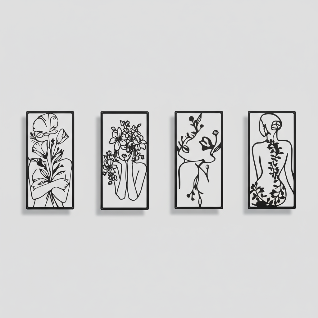 Decorative Quadriptych, Floral Essence, Feminine Line Art, Botanical, Metal