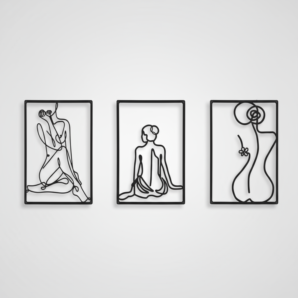 Decorative Triptych Serenity and Minimalist Silhouette Line Art Metal