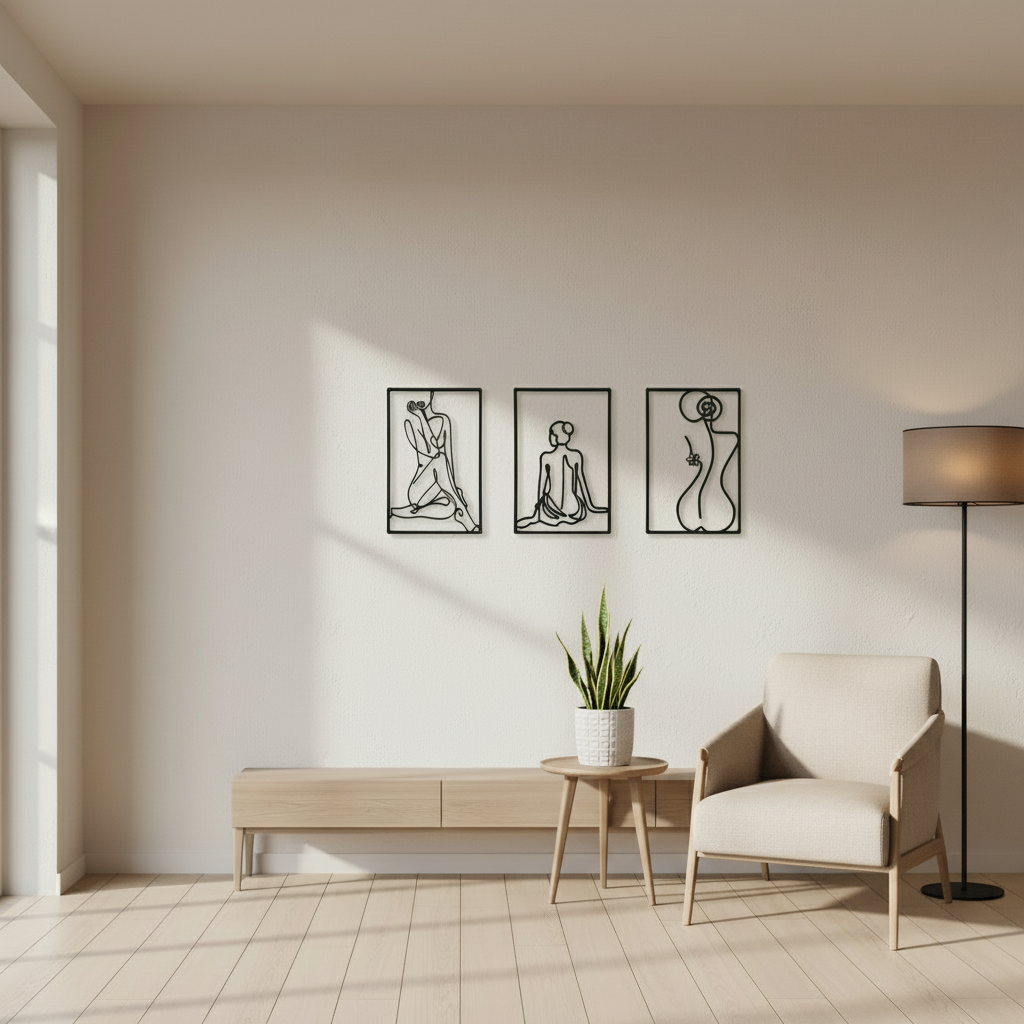 Triptyque Décoratif Sérénité et Silhouette Line Art Minimaliste Métal