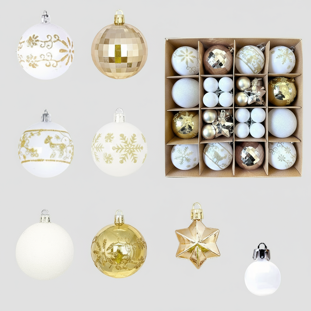 Luxury Winter Christmas Bauble Set, 27 Pieces, White &amp; Gold