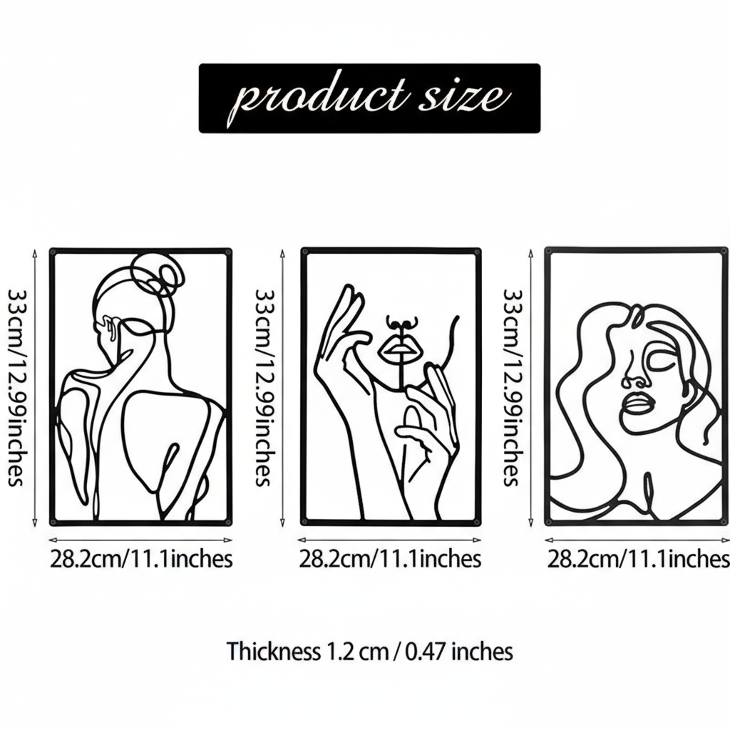 Triptyque Décoratif Visages et Gestes Féminins Line Art Minimaliste Métal