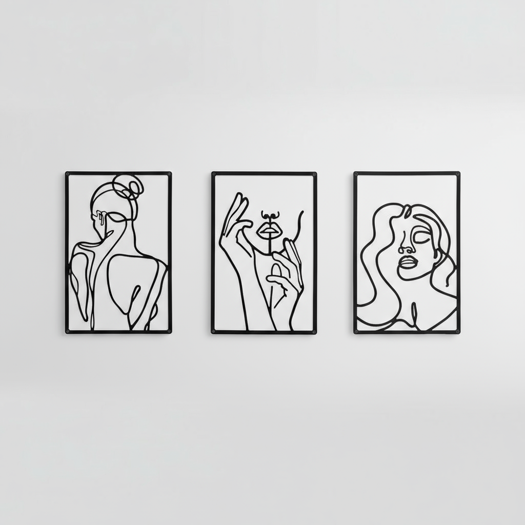 Triptyque Décoratif Visages et Gestes Féminins Line Art Minimaliste Métal