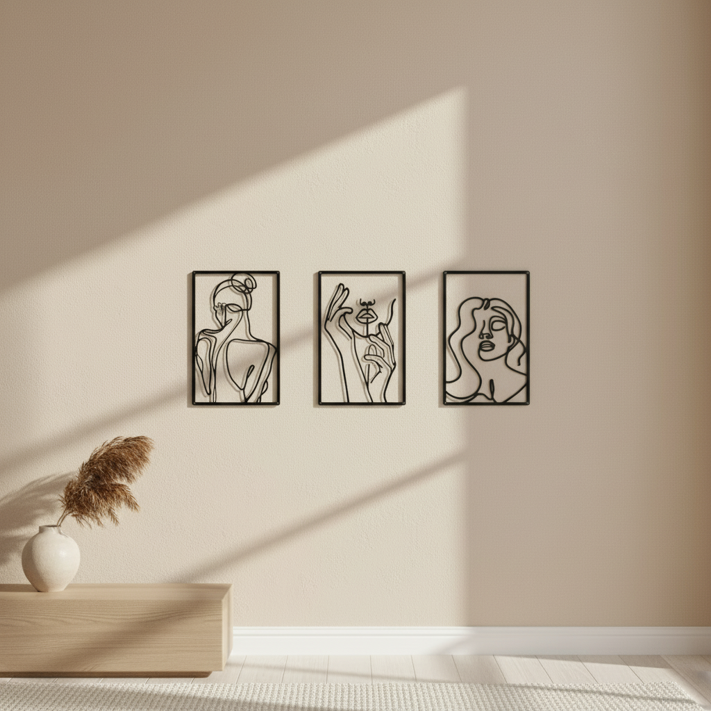 Decorative Triptych: Feminine Faces and Gestures, Minimalist Line Art, Metal