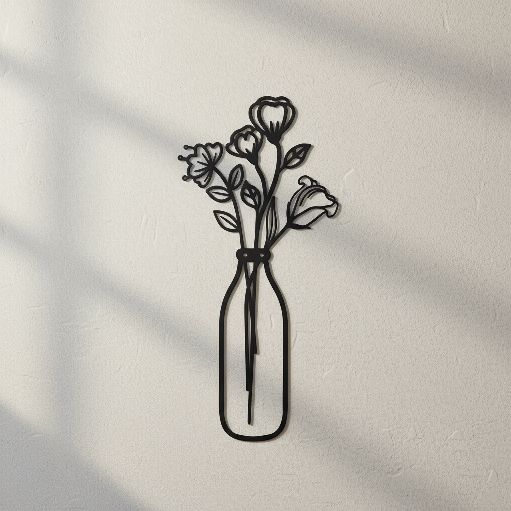 Décoration Murale Bouquet de Fleurs Sauvages dans Bouteille Ligne Épurée et Poétique