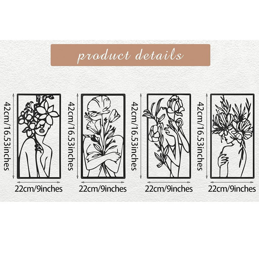 Decorative Quadriptych, Floral Essence, Feminine Line Art, Botanical, Metal