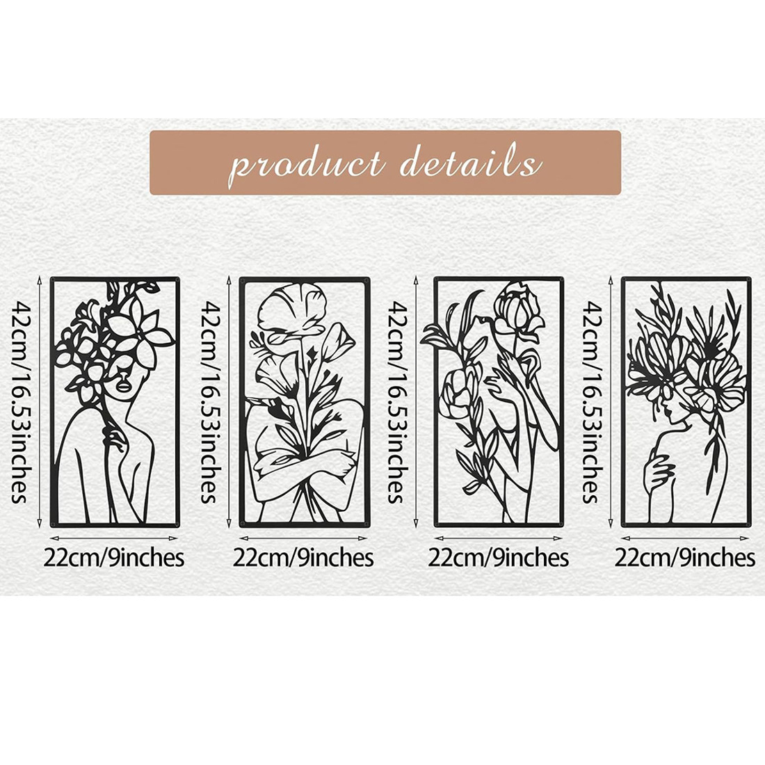 Decorative Quadriptych, Floral Essence, Feminine Line Art, Botanical, Metal