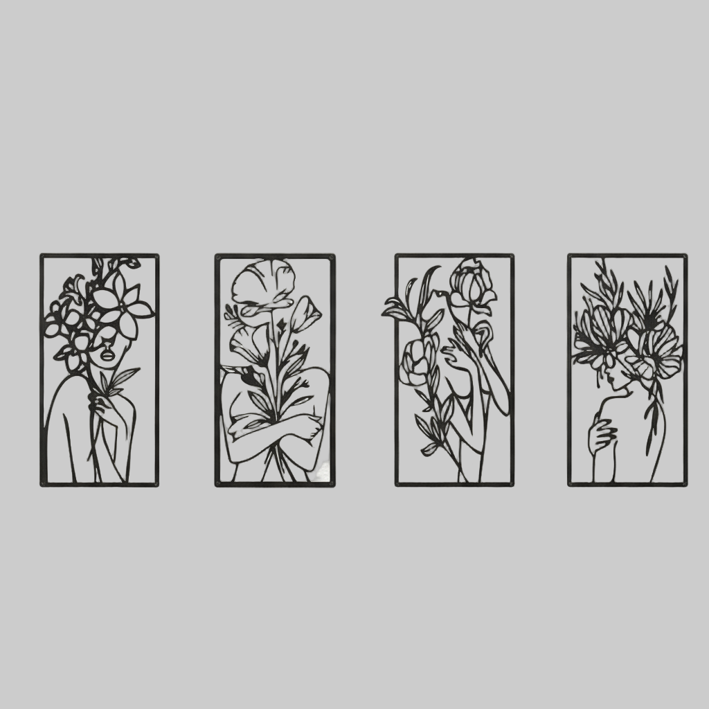 Decorative Quadriptych, Floral Essence, Feminine Line Art, Botanical, Metal