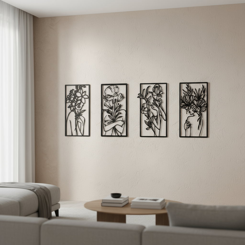 Decorative Quadriptych, Floral Essence, Feminine Line Art, Botanical, Metal