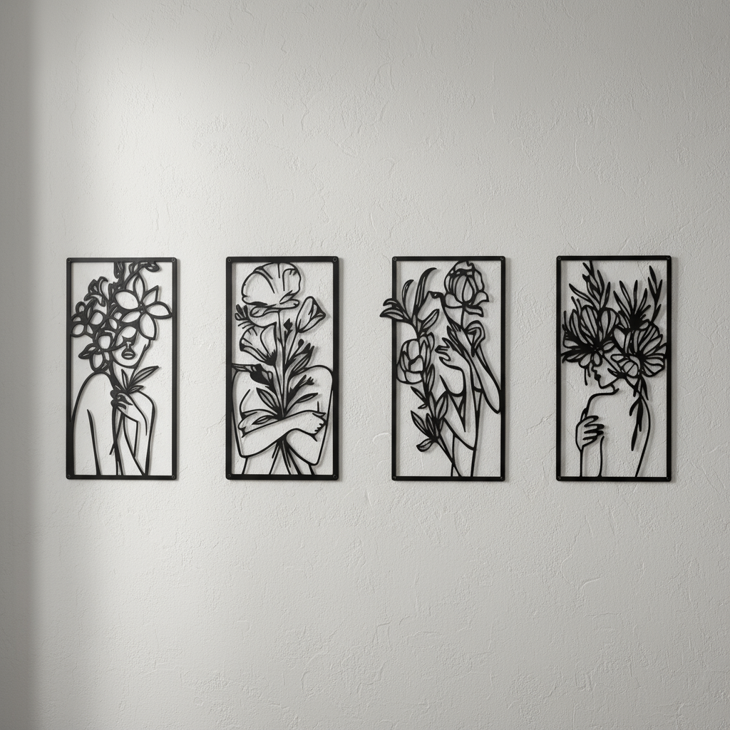 Decorative Quadriptych, Floral Essence, Feminine Line Art, Botanical, Metal