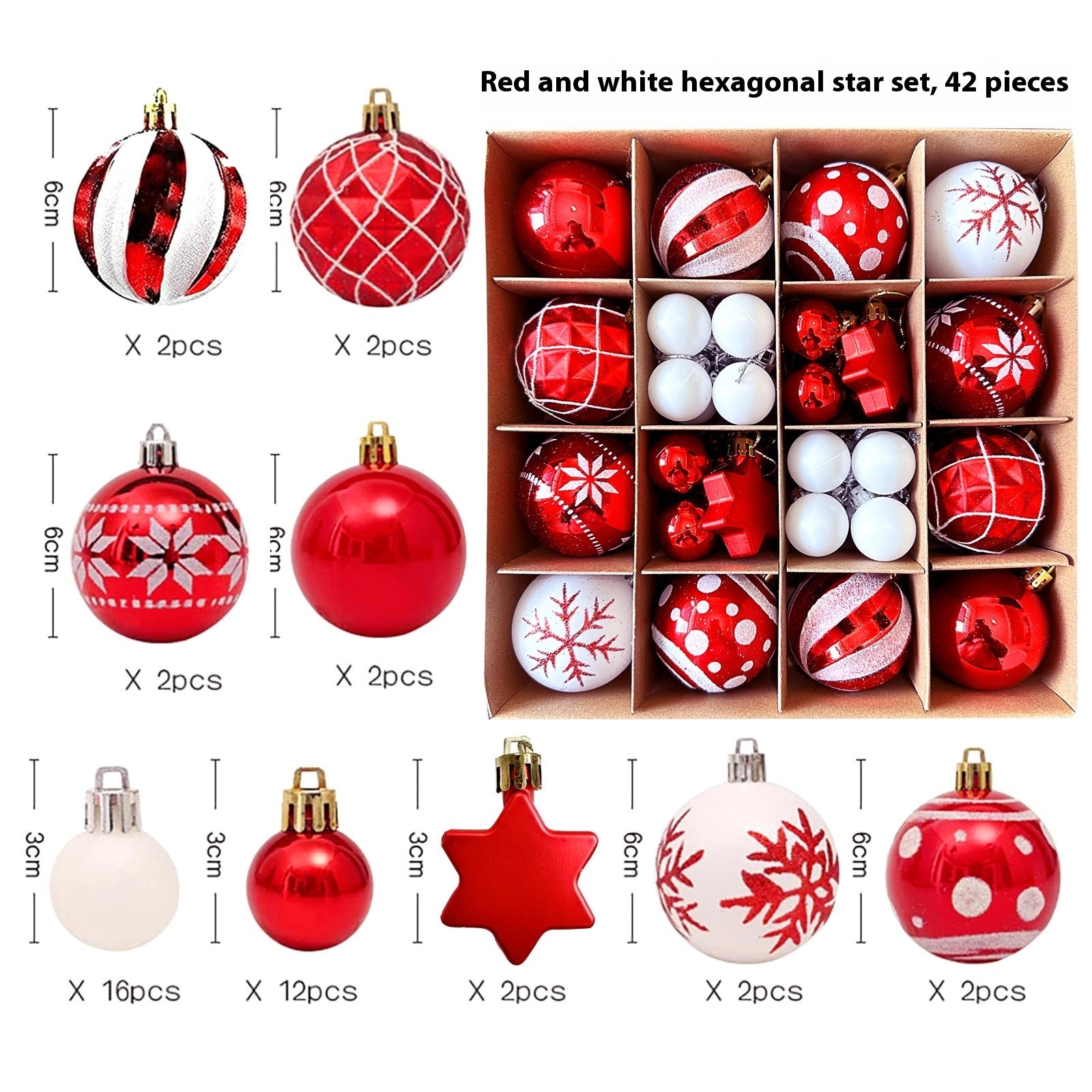 Set of 16 Dynamic Traditional Christmas Baubles, Cherry Red and White