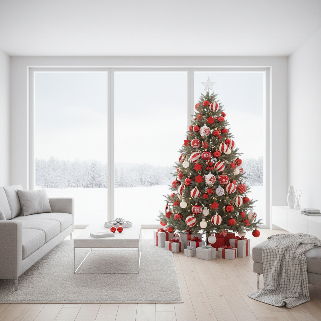 Set of 16 Dynamic Traditional Christmas Baubles, Cherry Red and White