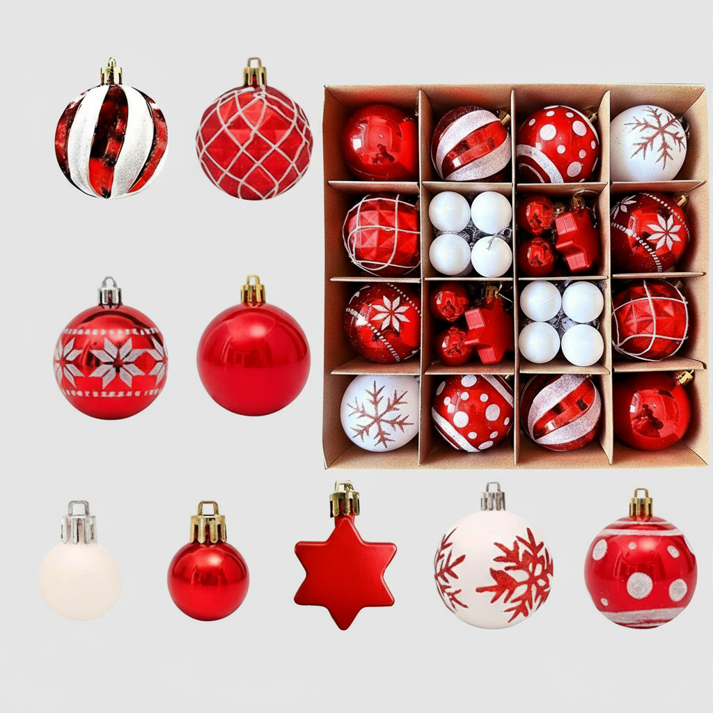 Set of 16 Dynamic Traditional Christmas Baubles, Cherry Red and White